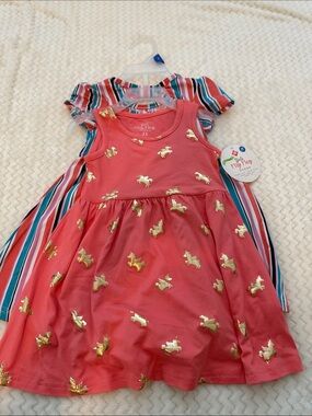 Cat & Jack Coral Pink Dress with Gold Unicorns